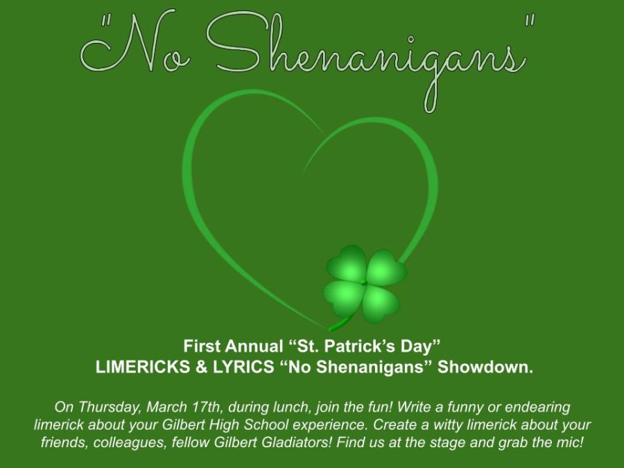 First Annual St. Patrick’s Day Poetry Slam “No Shenanigans”  Limericks Live!