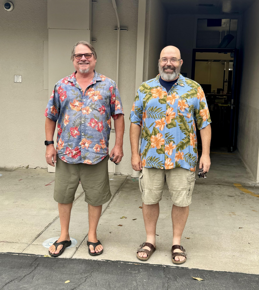 L-R Mr. Shickler and Mr. Garcia "TWINS" stand for a snapshot outside their classrooms. 