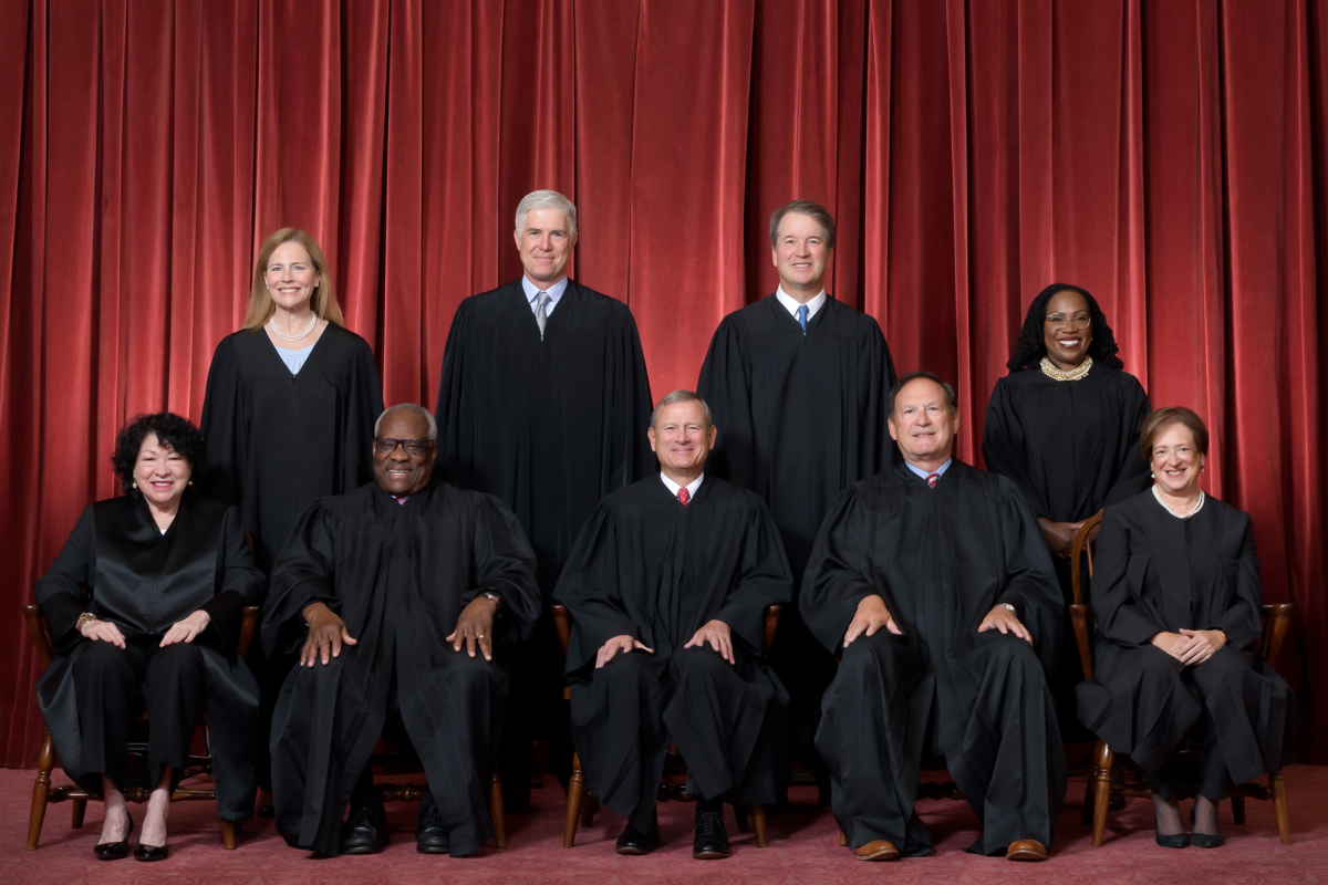 Front row, left to right — Associate Justices Sonia Sotomayor, Clarence Thomas, Chief Justice John G. Roberts, Jr., Associate Justices Samuel A. Alito, Jr. and Elena Kagan.

Back row — Associate Justices Amy Coney Barrett, Neil M. Gorsuch, Brett M. Kavanaugh and Ketanji Brown Jackson.